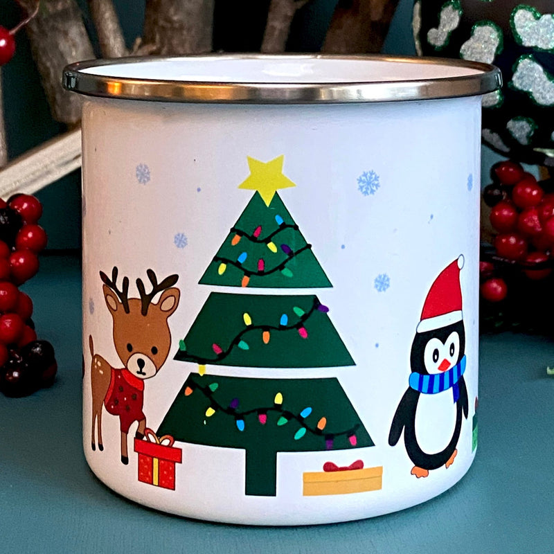 Elf, reindeer and penguin personalised mug