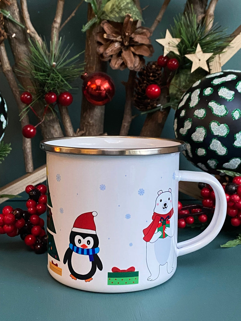 Elf, reindeer and penguin personalised mug